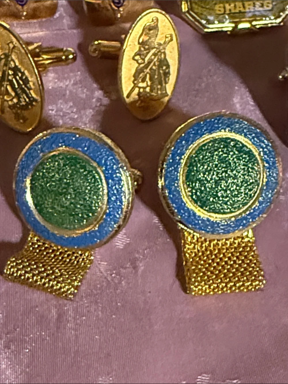 Gold and Green Round Enamel Cufflinks lot